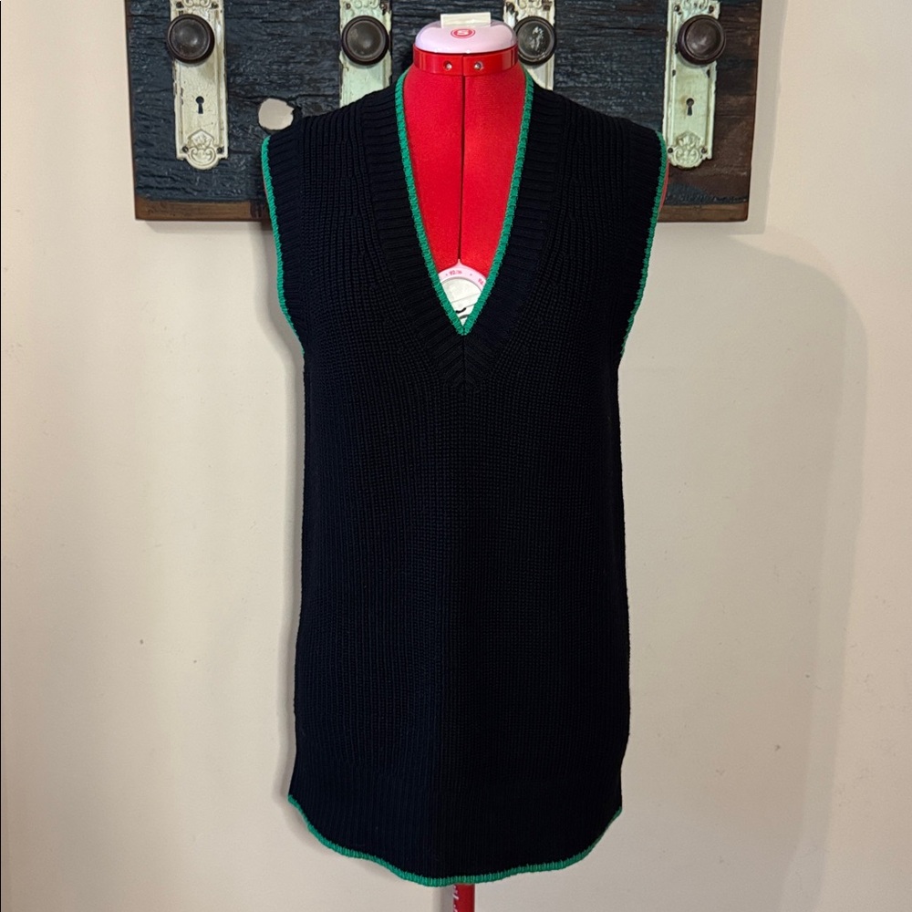 Babaton Sherman Black Knit V-Neck Sleeveless Relaxed Fit Sweater with Green Trim - Picture 12 of 16